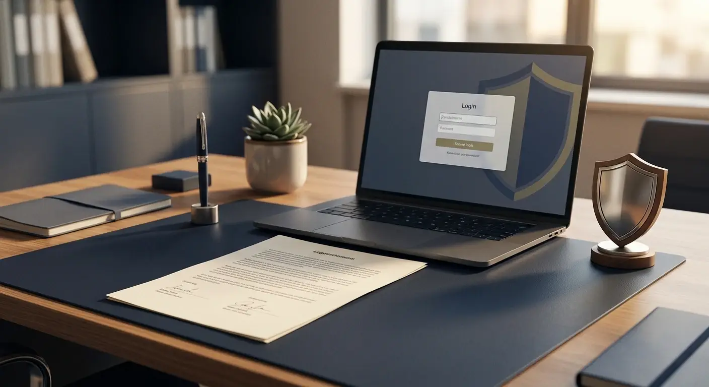 Neutral legal document, secure login screen, and a calm protective shield motif on an office desk, no branding