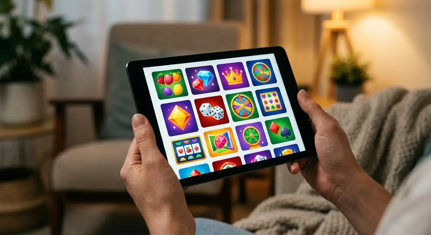 Person am Tablet durchstöbert eine Sammlung kostenloser Casino Spiele ohne Anmeldung