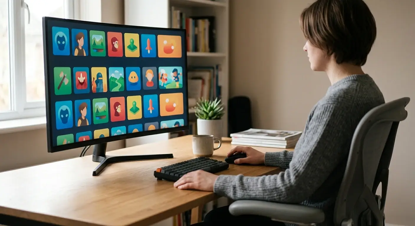 Person wählt am Bildschirm eine Plattform für gratis Automatenspiele ohne Anmeldung