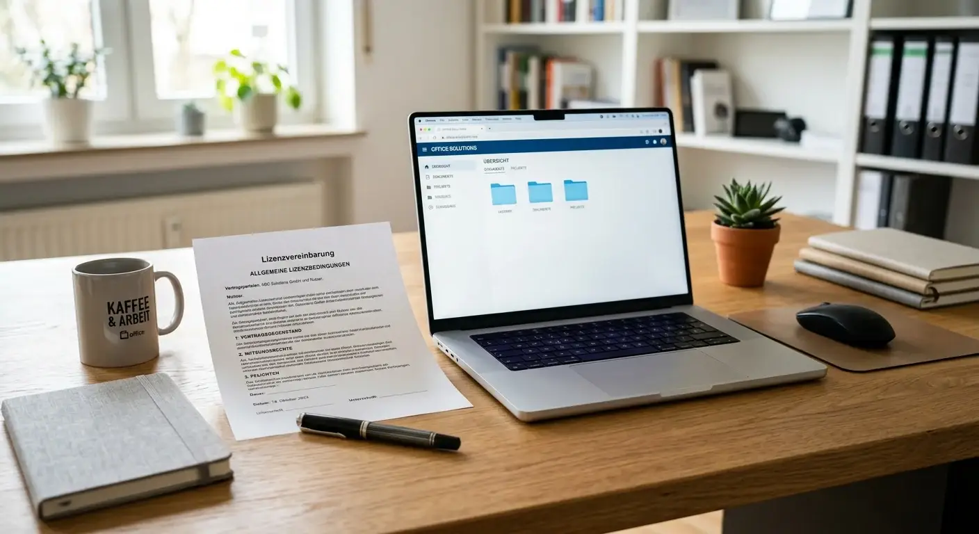 Sachlicher Schreibtisch mit neutralem Lizenzdokument und Laptop ohne erkennbare Marken