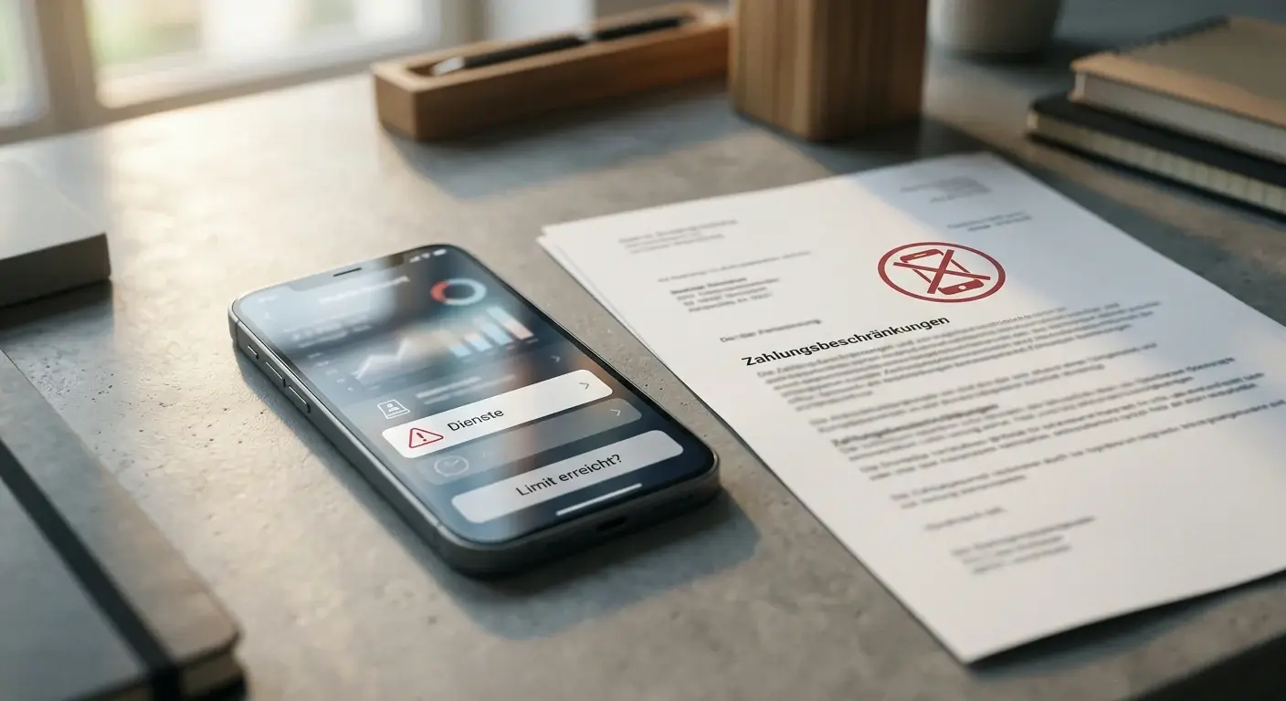 Abstrakte Zahlungssperre neben einem Smartphone und einem neutralen Dokument