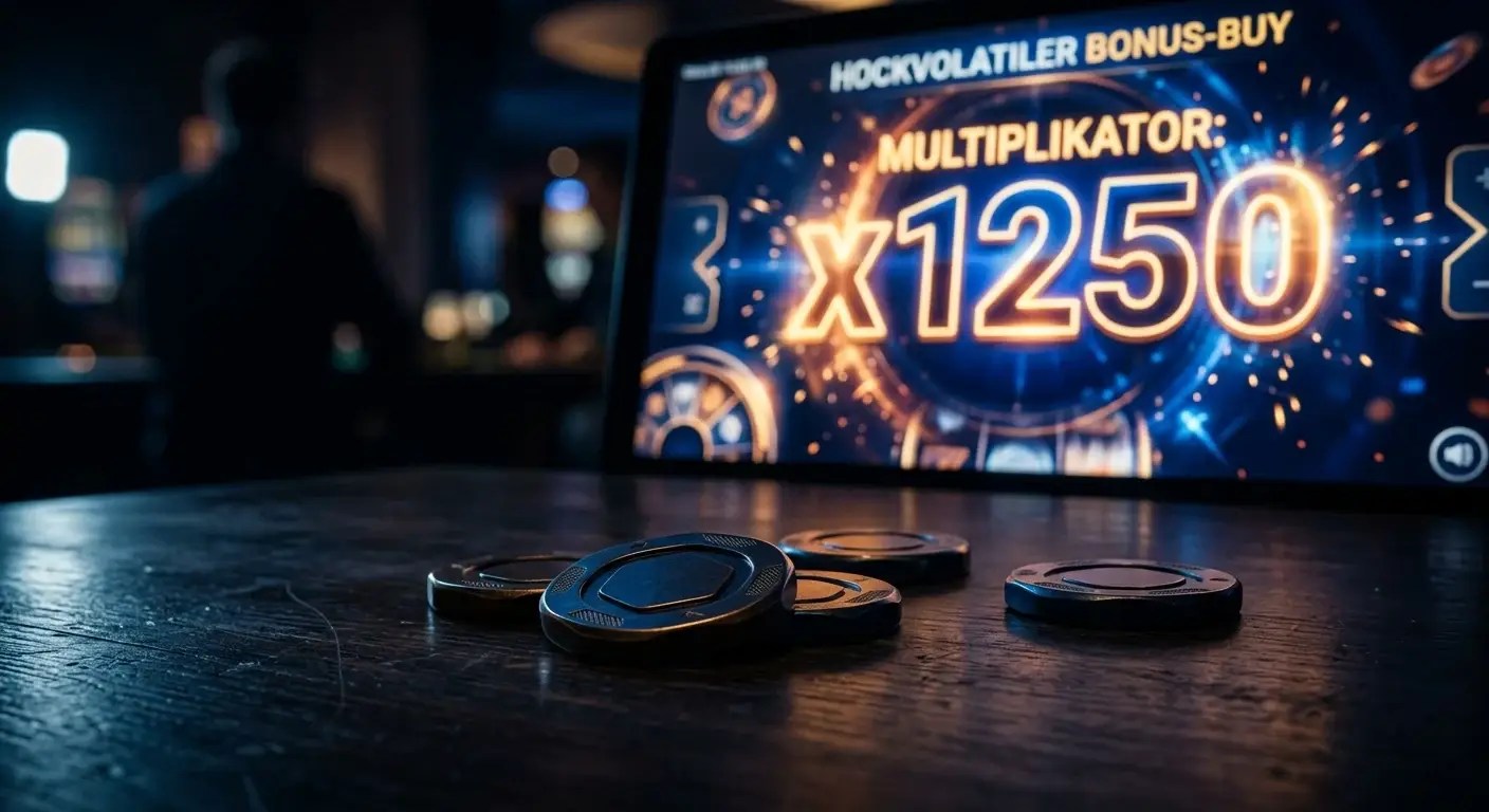 Symbolische Spielchips ohne Wertaufdruck vor einem Bildschirm mit hohem Gewinnmultiplikator