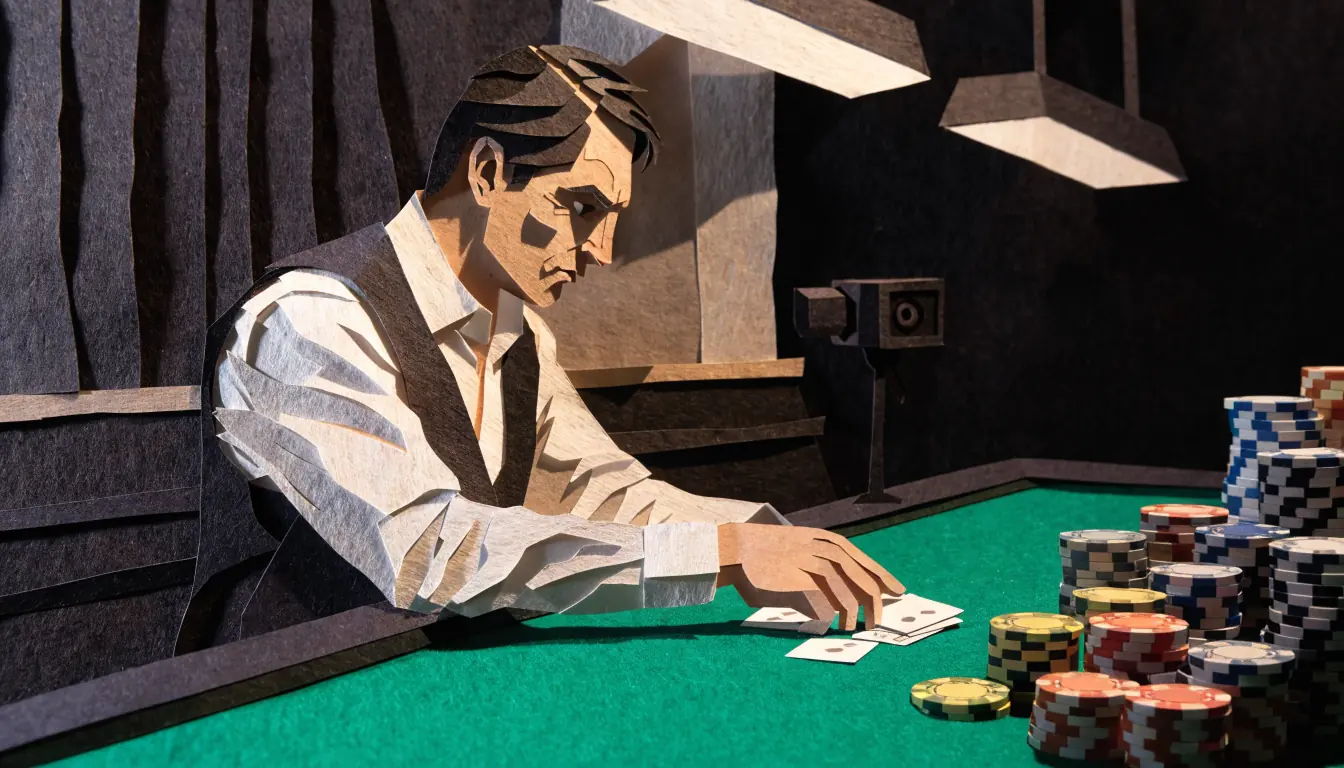 Erfahrener Croupier am grünen Spieltisch mit Karten und Chips unter warmem Licht