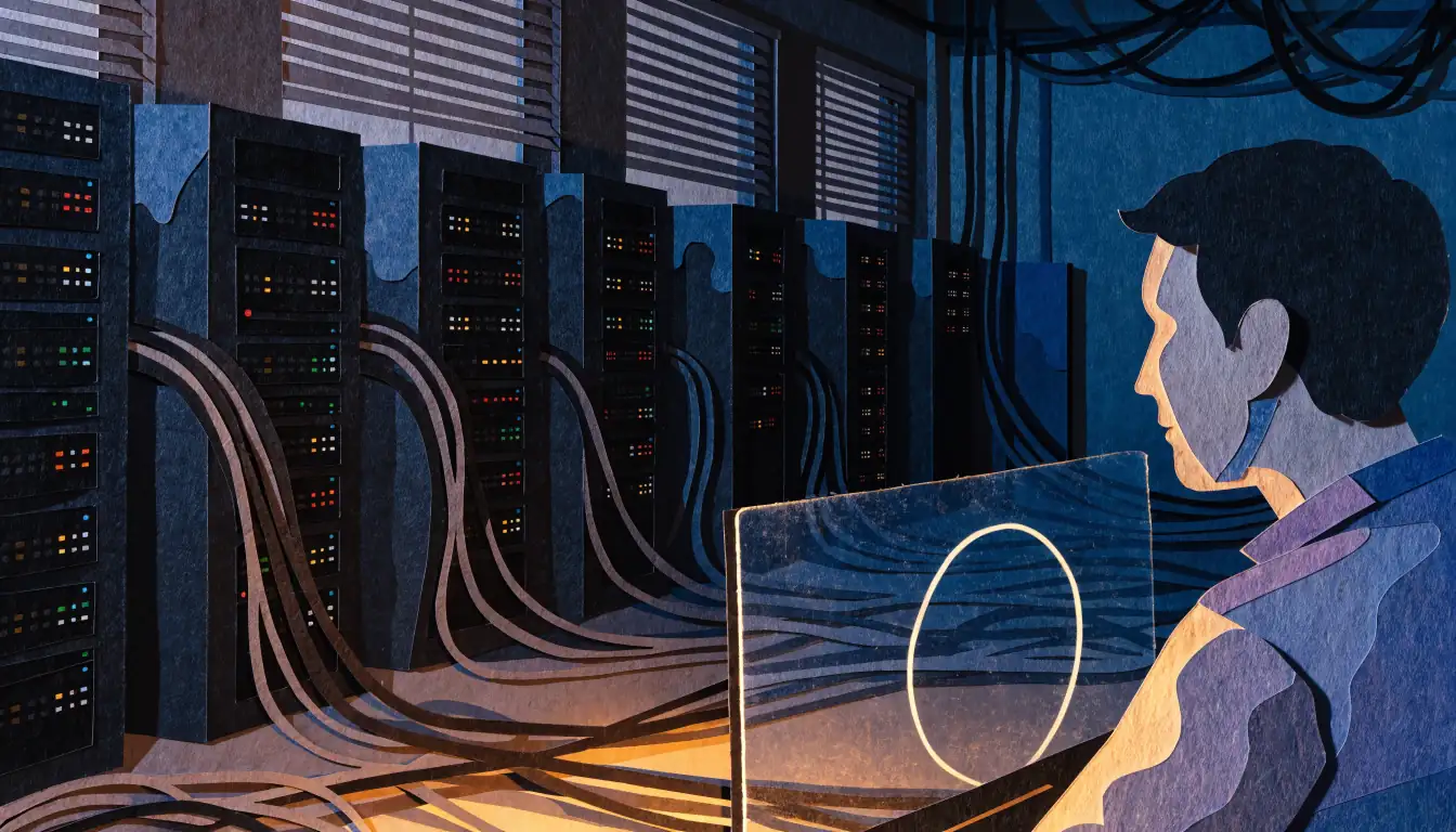 Serverraum mit blinkenden Racks und einer leuchtenden Kurve auf transparentem Bildschirm