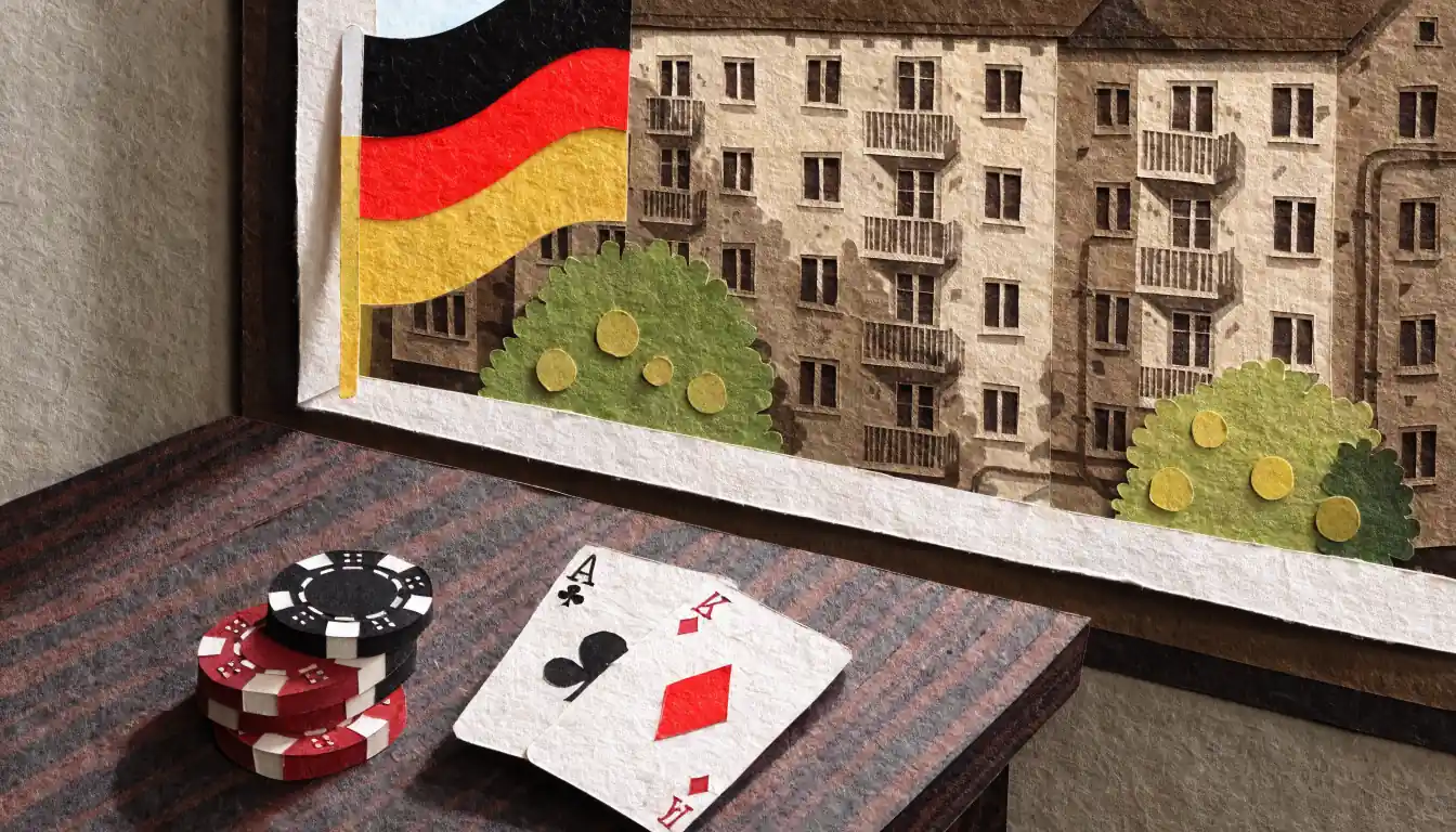 Casino-Chips und Spielkarten auf einem Tisch vor einem deutschen Fenster mit Stadtblick.