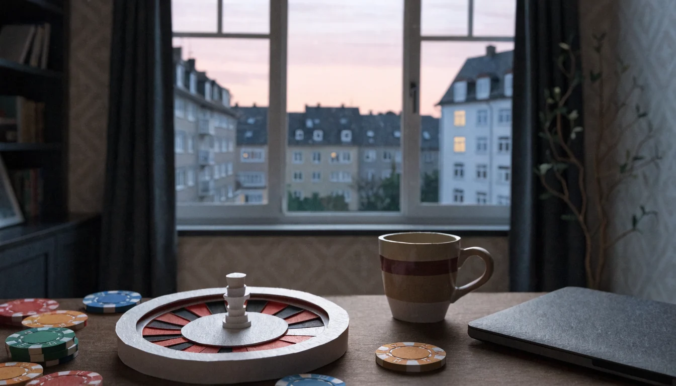 Roulettekessel und Casino-Chips auf einem Tisch in einer deutschen Stadtwohnung bei Dämmerung.