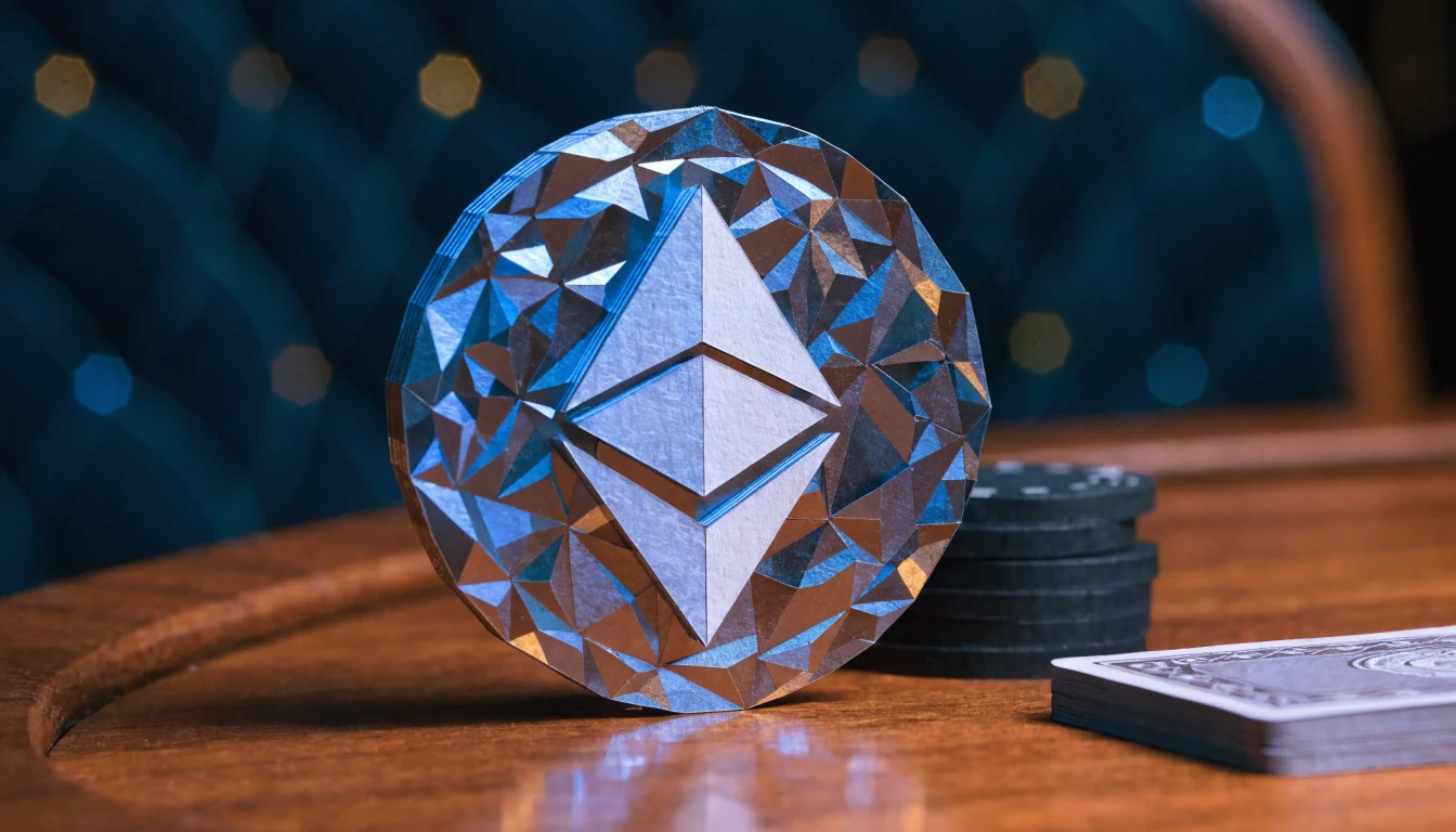 Ethereum-Münze auf einem Casino-Tisch mit Pokerchips und Karten