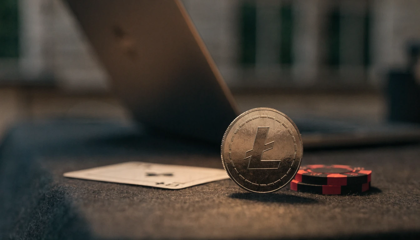 Litecoin-Münze neben Casino-Chips und Spielkarte auf Filztisch.