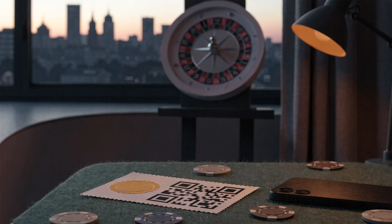Gutschein mit goldenem Siegel neben Smartphone und Casino-Chips