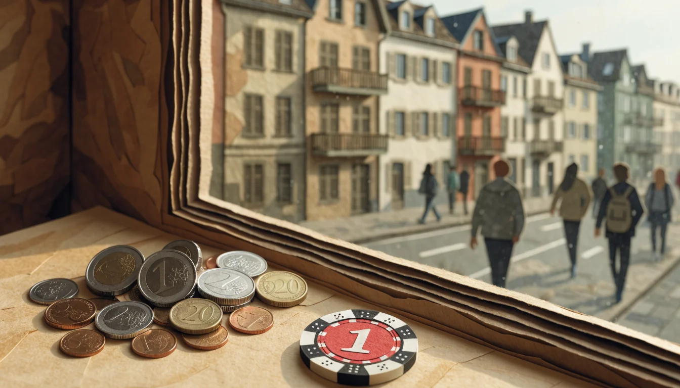 Kleiner Stapel Euromünzen neben einem Casino-Chip auf einem Holztisch am Fenster mit deutschem Straßenblick.