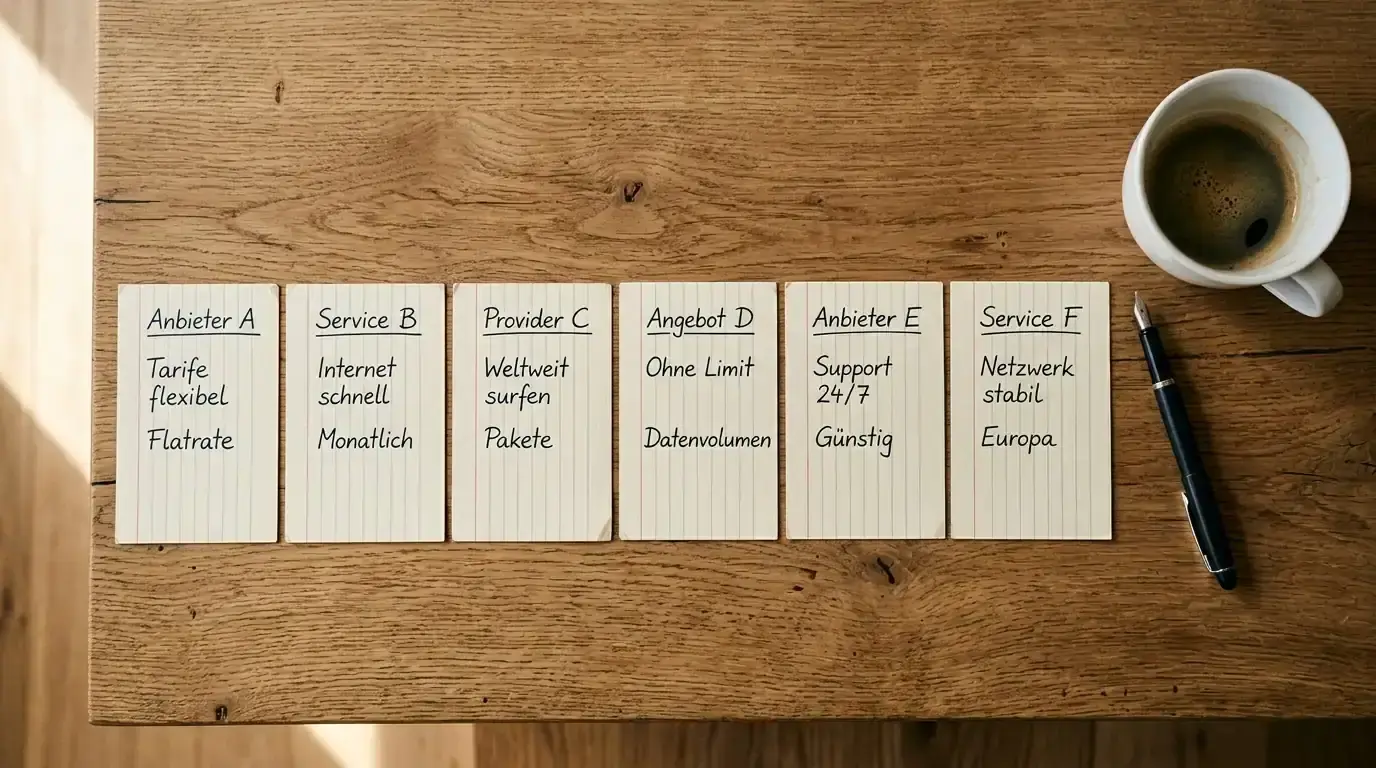 In einer Reihe angeordnete handbeschriftete Karteikarten mit Notizen zu sechs internationalen Casino-Anbietern