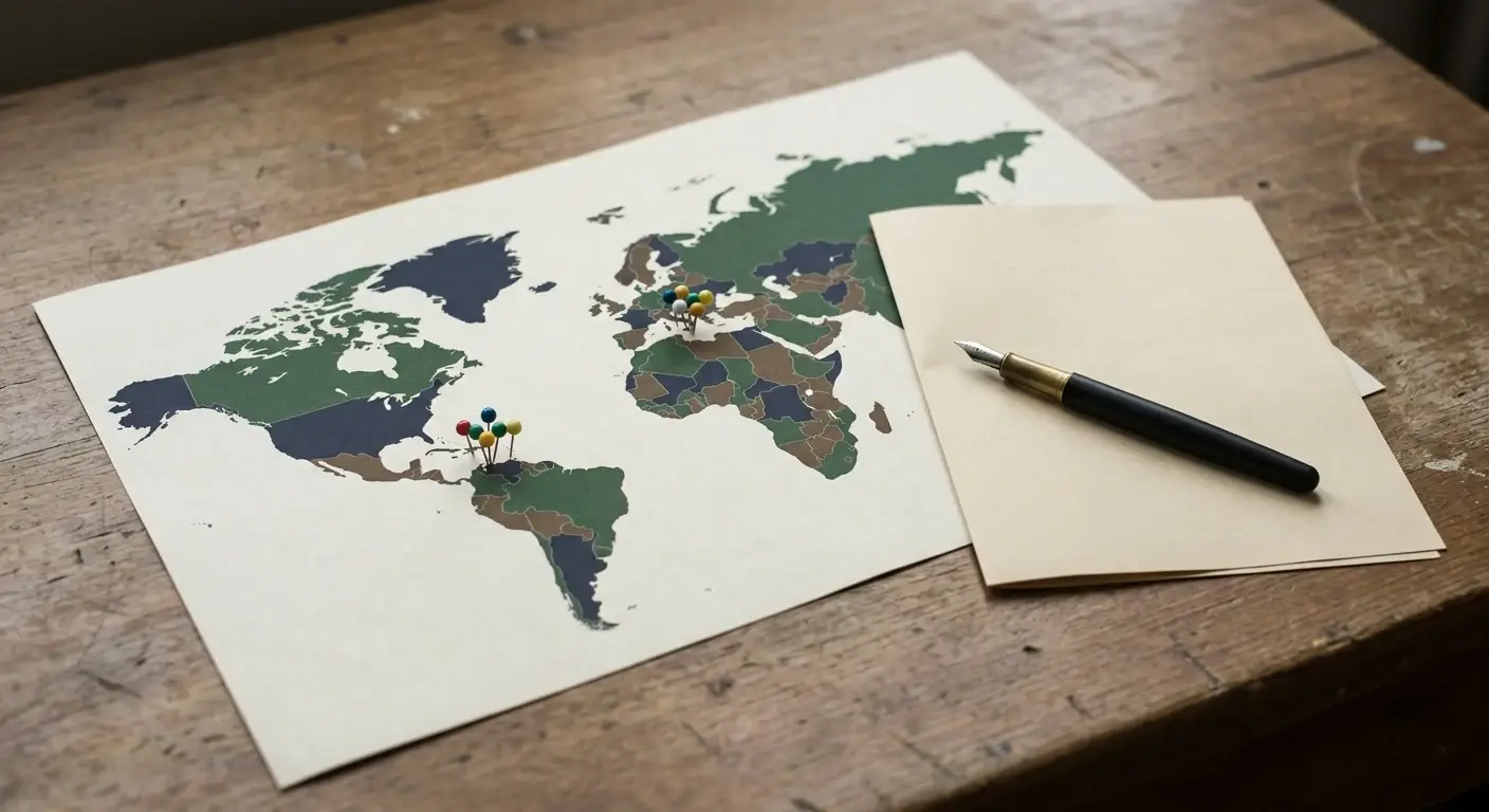 Weltkarte mit farbigen Stecknadeln in Curaçao und Malta neben einem schlichten Lizenzdokument