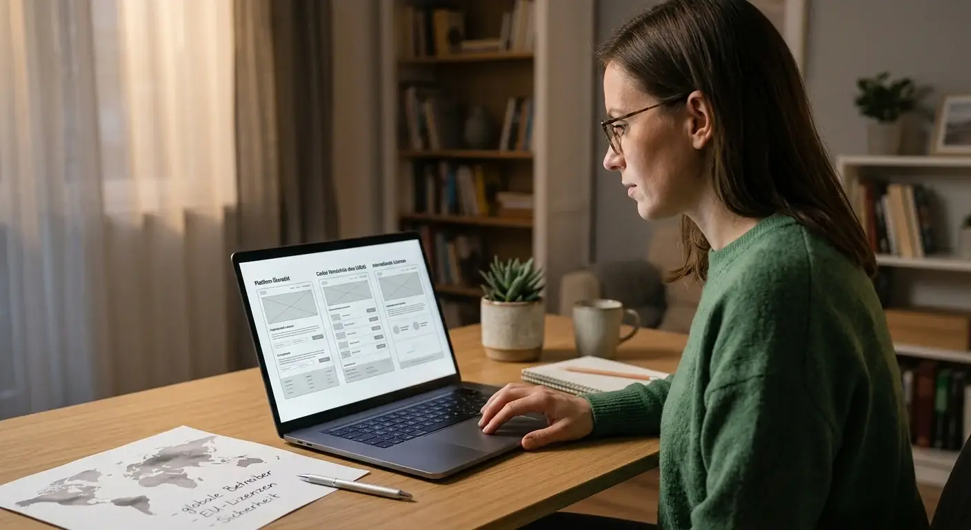 Person am Laptop prüft internationale Online-Casinos ohne LUGAS-Anbindung