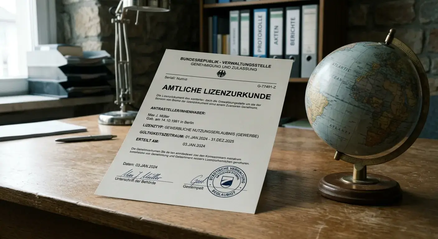Neutrales Lizenzdokument neben einer Weltkarte als Symbol für international lizenzierte Live-Casinos