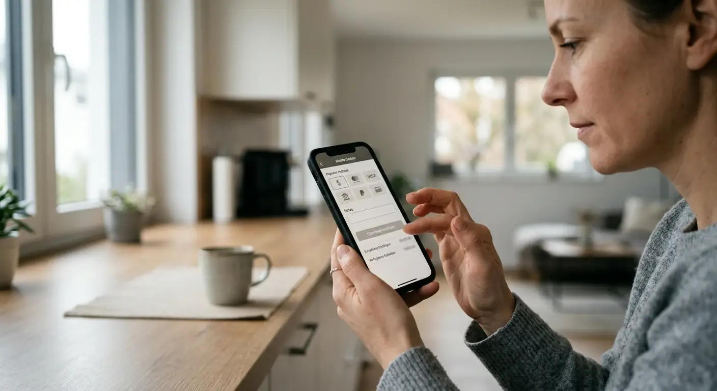 Person prüft mit einem iPhone eine neutrale mobile Casino-Kasse vor der Einzahlung