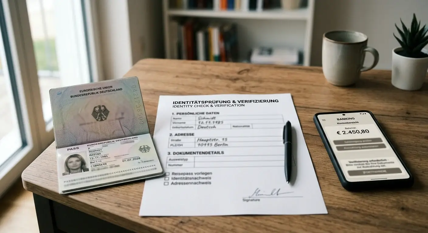 Ausgefülltes Formular zur Identitätsprüfung neben einem Smartphone mit neutraler Banking-Ansicht