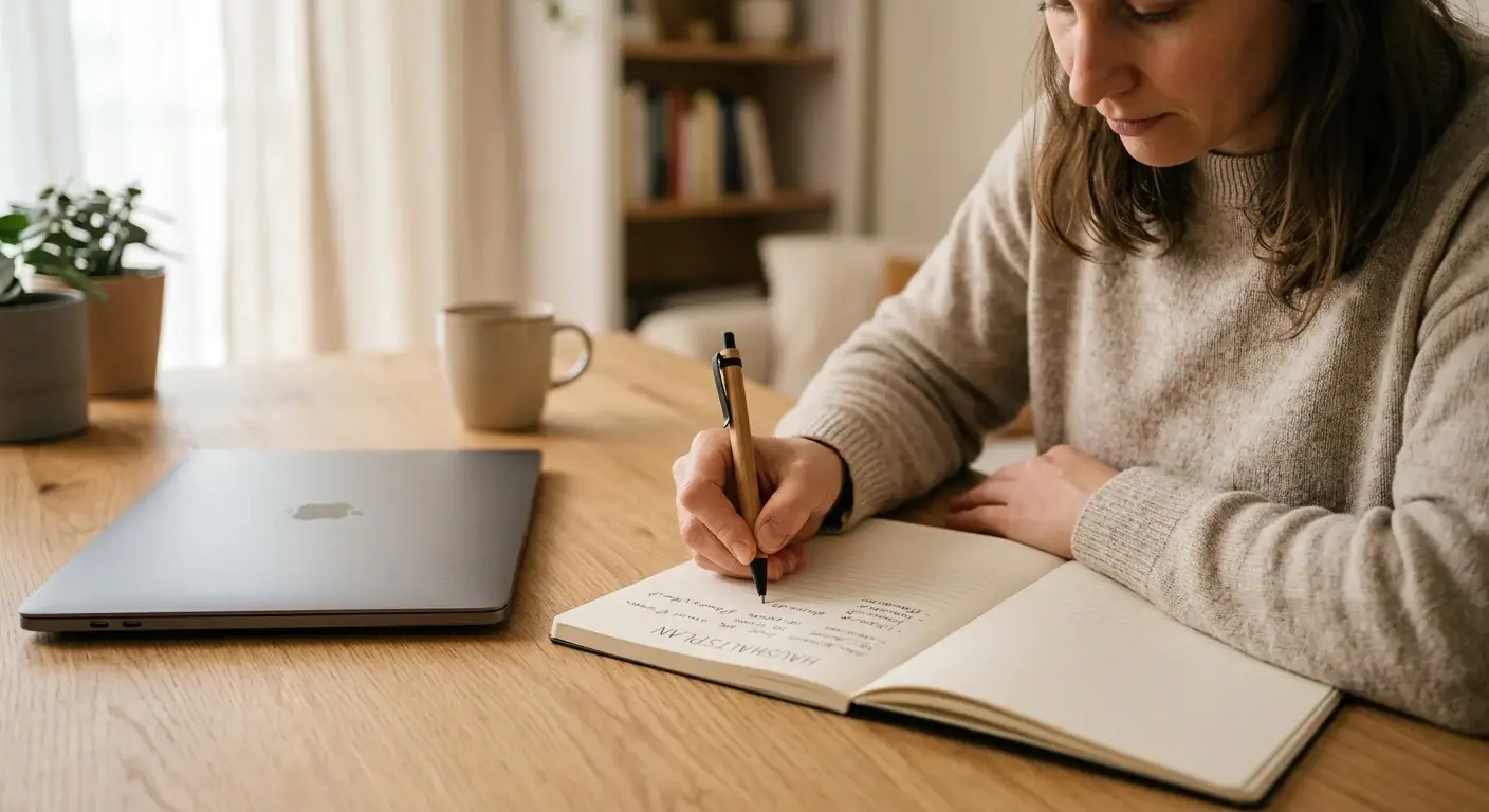 Person notiert mit Stift ein festes Spielbudget neben einem Notizblock