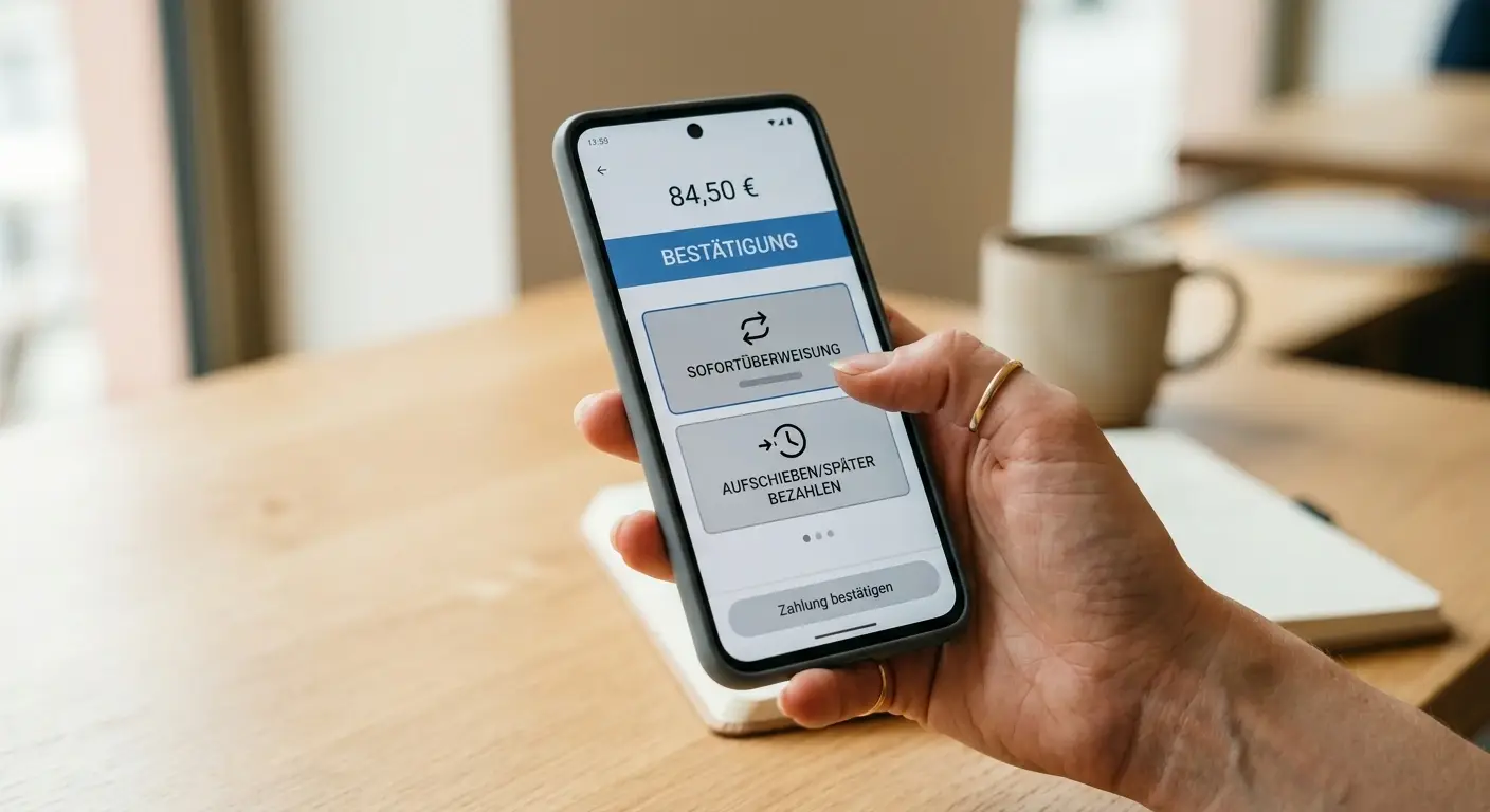 Smartphone mit neutralem Zahlungsdialog für direkte Bankzahlung und spätere Rechnung