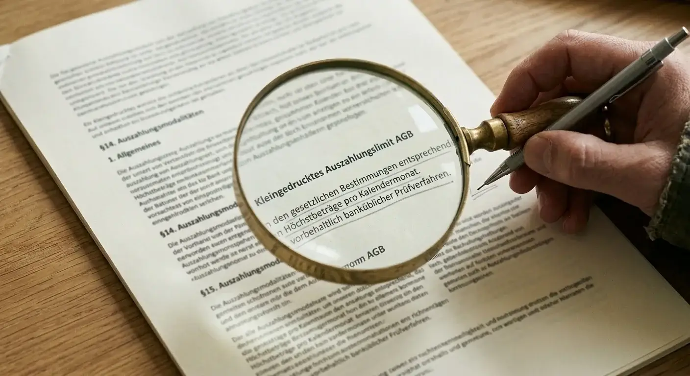 Nahaufnahme einer Lupe über einem Vertragsdokument mit hervorgehobenen Auszahlungsklauseln