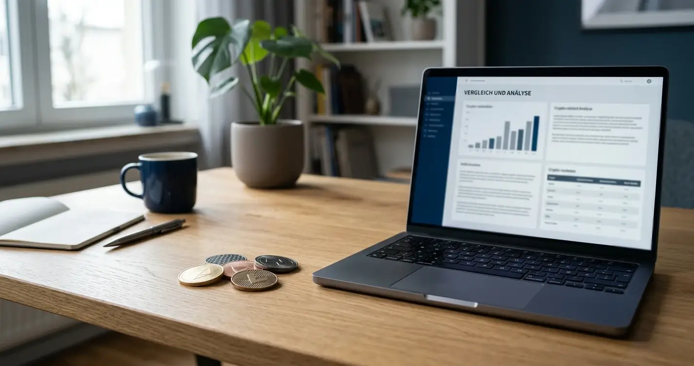 Schreibtisch mit Laptop und Kryptowährungs-Symbolen für den Krypto-Casino-Vergleich