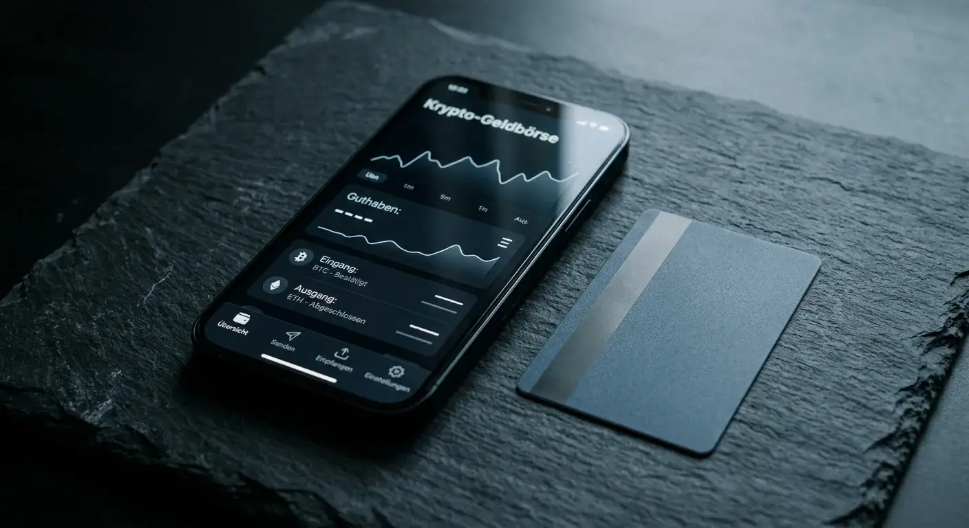 Smartphone mit Krypto-Wallet neben einem Prepaid-Gutschein auf einem Tisch
