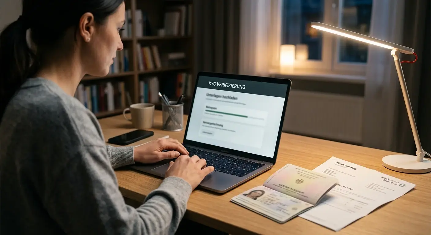 Person am Schreibtisch lädt Ausweis und Dokumente via Laptop hoch