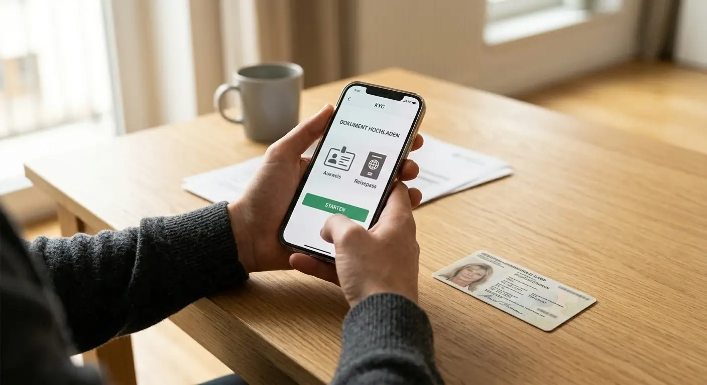 Person hält Smartphone mit Verifizierungs-Upload und Personalausweis daneben