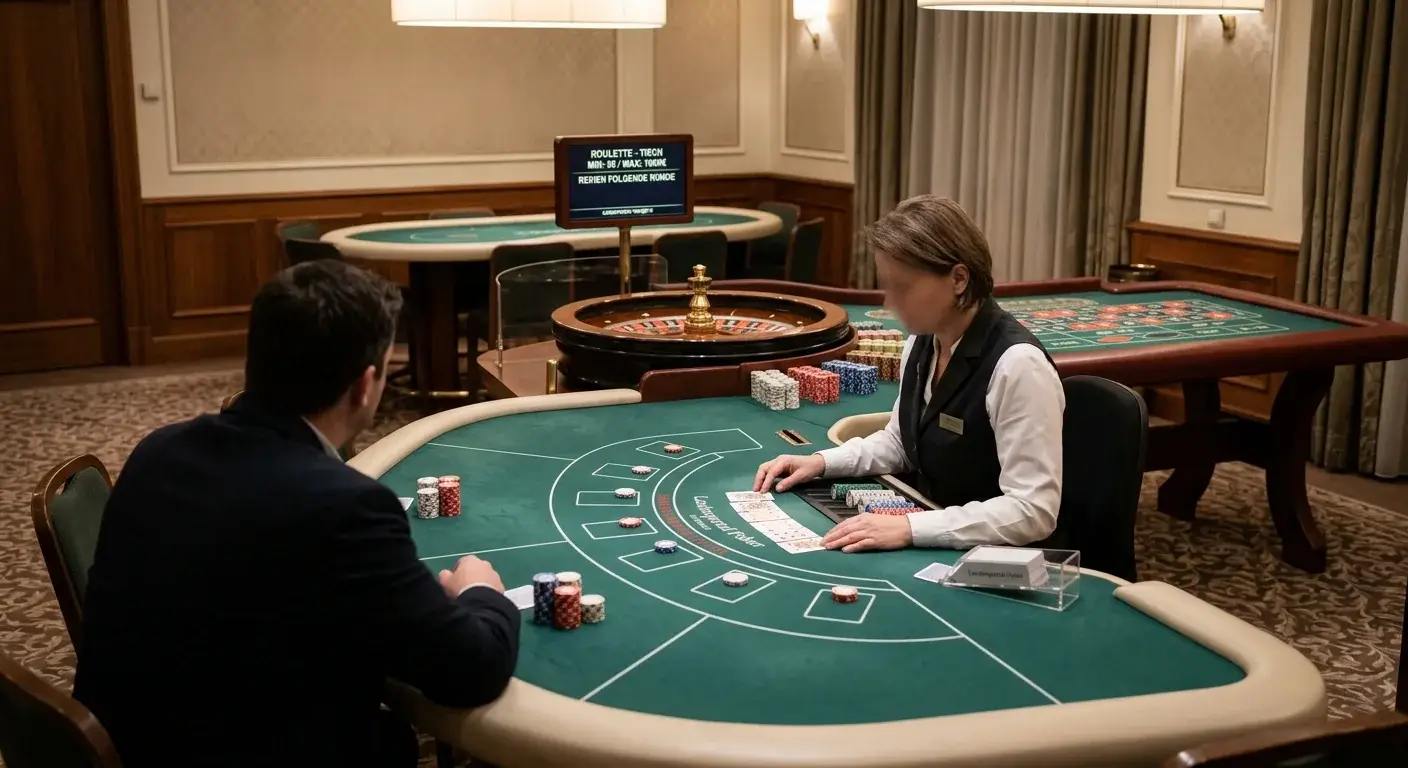 Ruhiger Pokertisch in einer staatlich lizenzierten Spielbank ohne Automaten