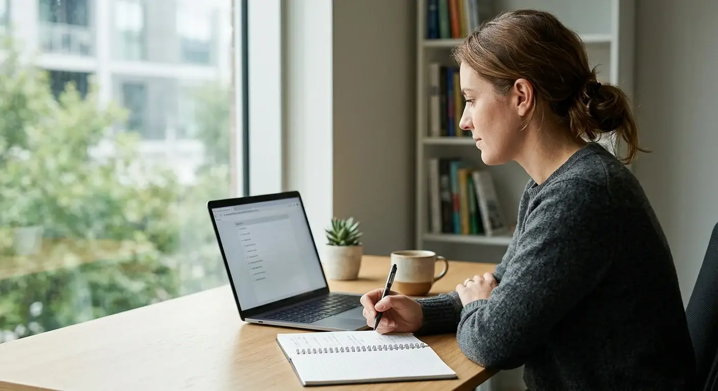 Person prüft am Laptop eine Liste lizenzierter Anbieter mit einem Notizblock daneben