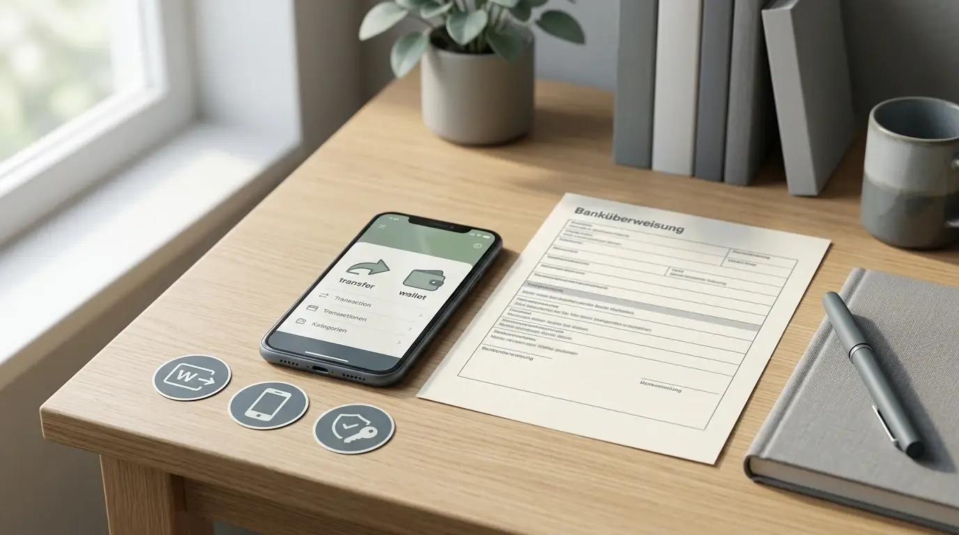 Smartphone, bank transfer document, and neutral digital wallet symbols arranged on a clean desk