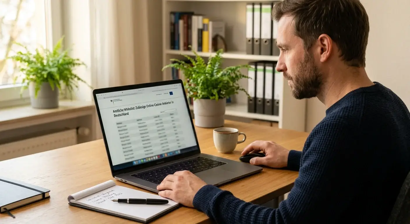Person prüft am Laptop die offizielle Liste lizenzierter deutscher Online-Casinos