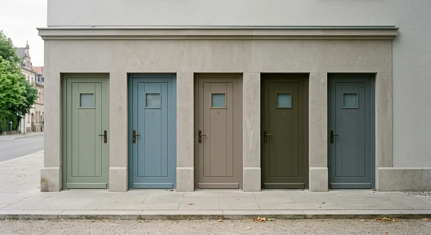 Fünf nebeneinanderliegende Türen einer Fassade als Sinnbild für die legalen Merkur-Anbieter eines Konzerns