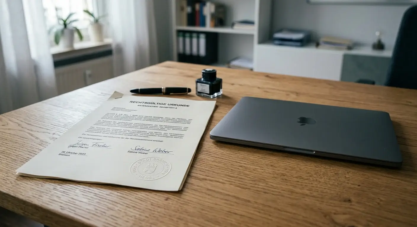 Amtliches deutsches Dokument mit Stempel neben Laptop zum Thema Glücksspiellizenz