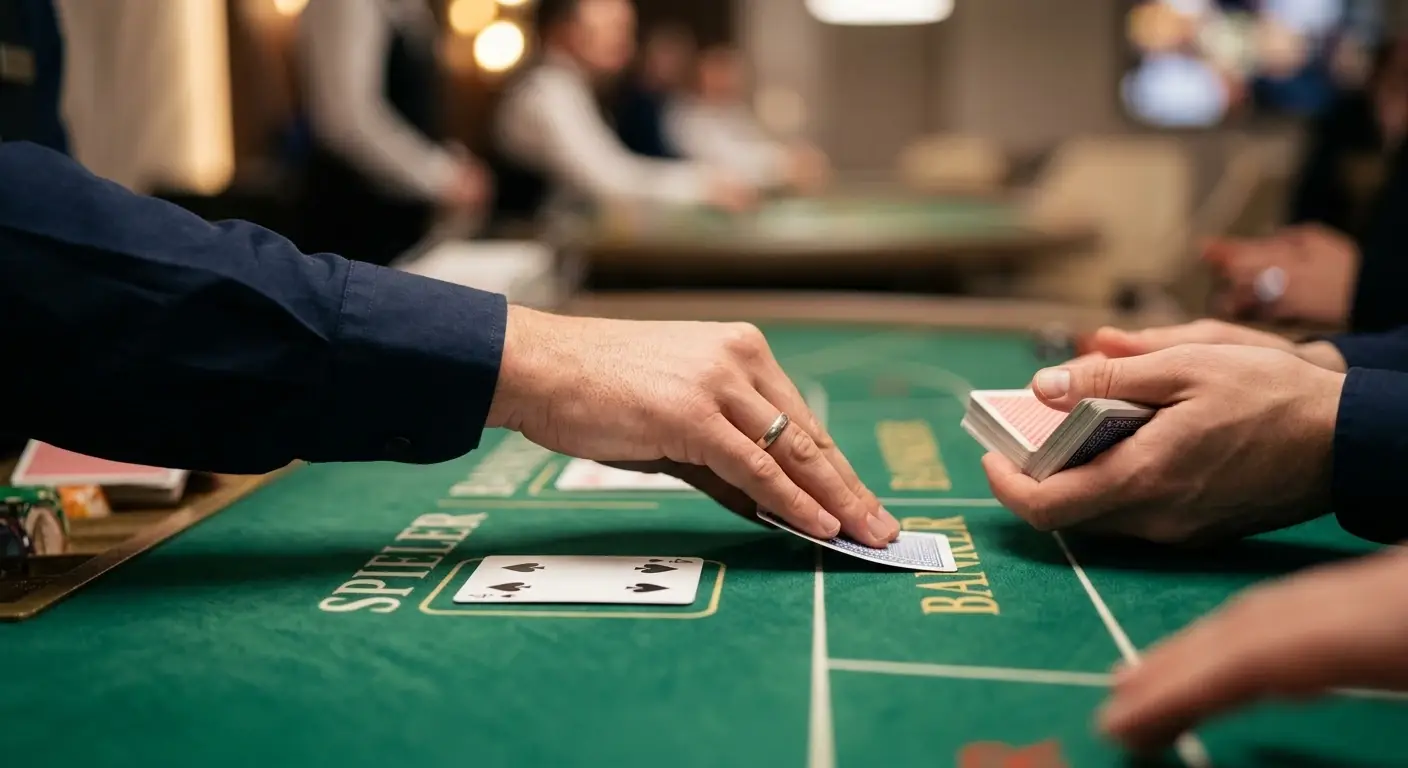 Hände eines Croupiers verteilen Karten an einem Live-Baccarat-Studiotisch