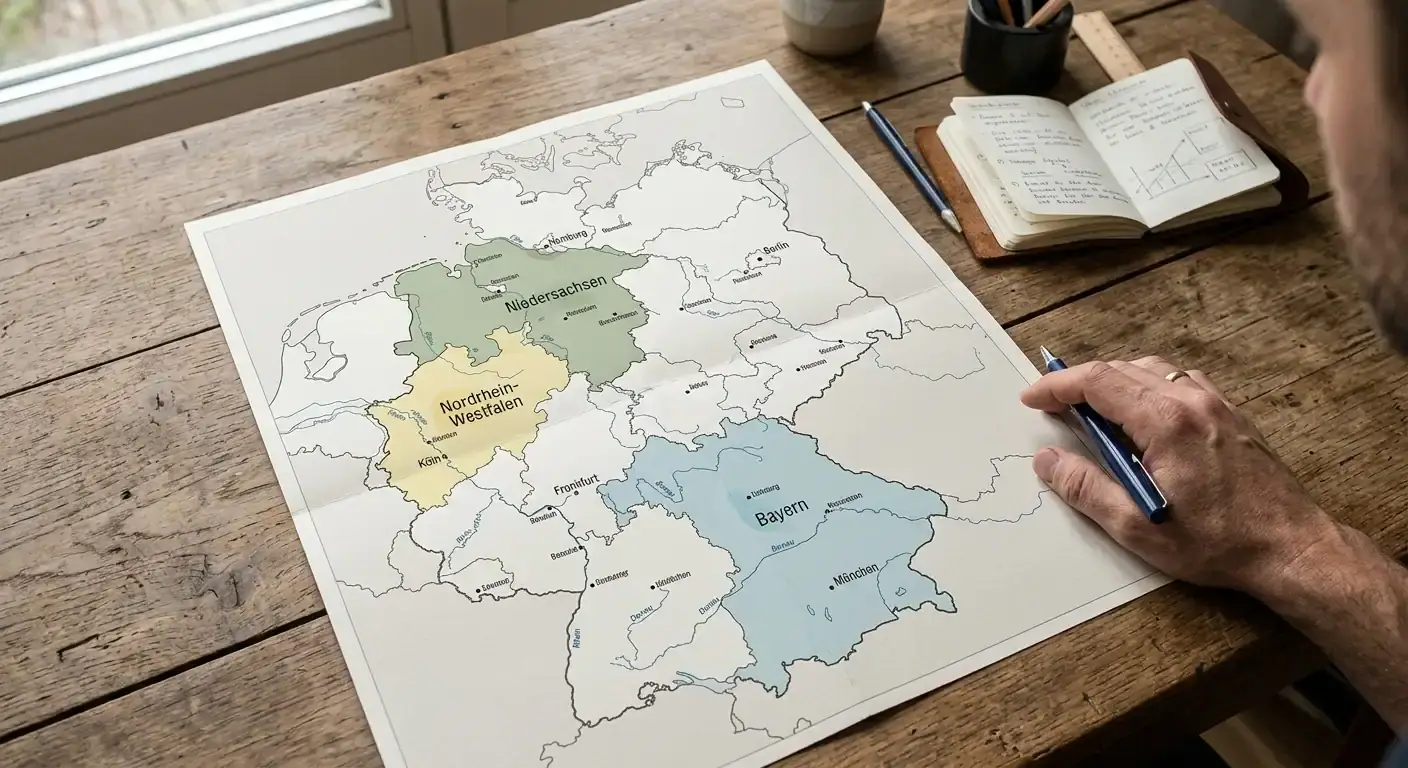 Landkarte Deutschlands mit hervorgehobenen Bundesländern für legale Live-Casino-Angebote