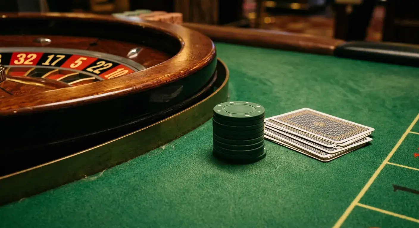 Roulette-Kessel, Spielkarten und Baccarat-Tisch als Symbole für Live-Tischspiele mit echtem Croupier