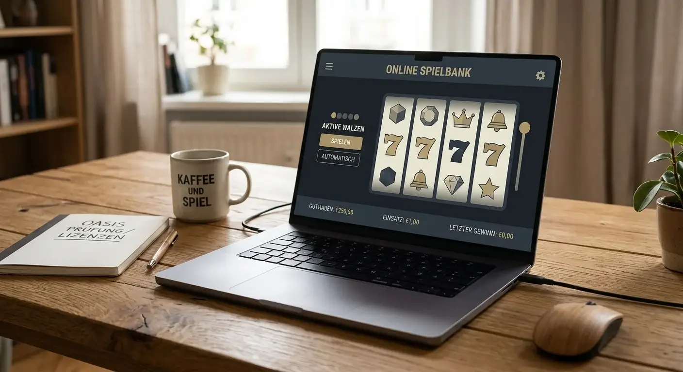 Laptop mit neutraler Casino-Weboberfläche symbolisiert die automatisierte OASIS-Prüfung lizenzierter Anbieter