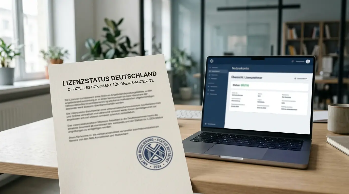 Neutrales Lizenzdokument neben einem Laptop ohne Markenlogo