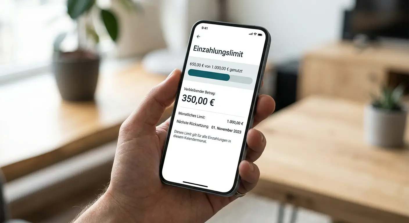 Smartphone-Interface zeigt monatliches Einzahlungslimit-Dashboard