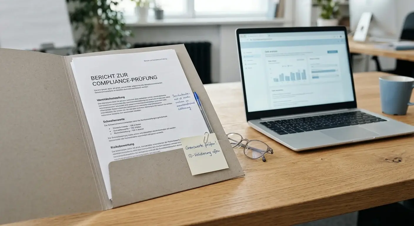 Neutrales Dokument mit Limit- und Identitätsprüfungsvermerken neben einem Laptop