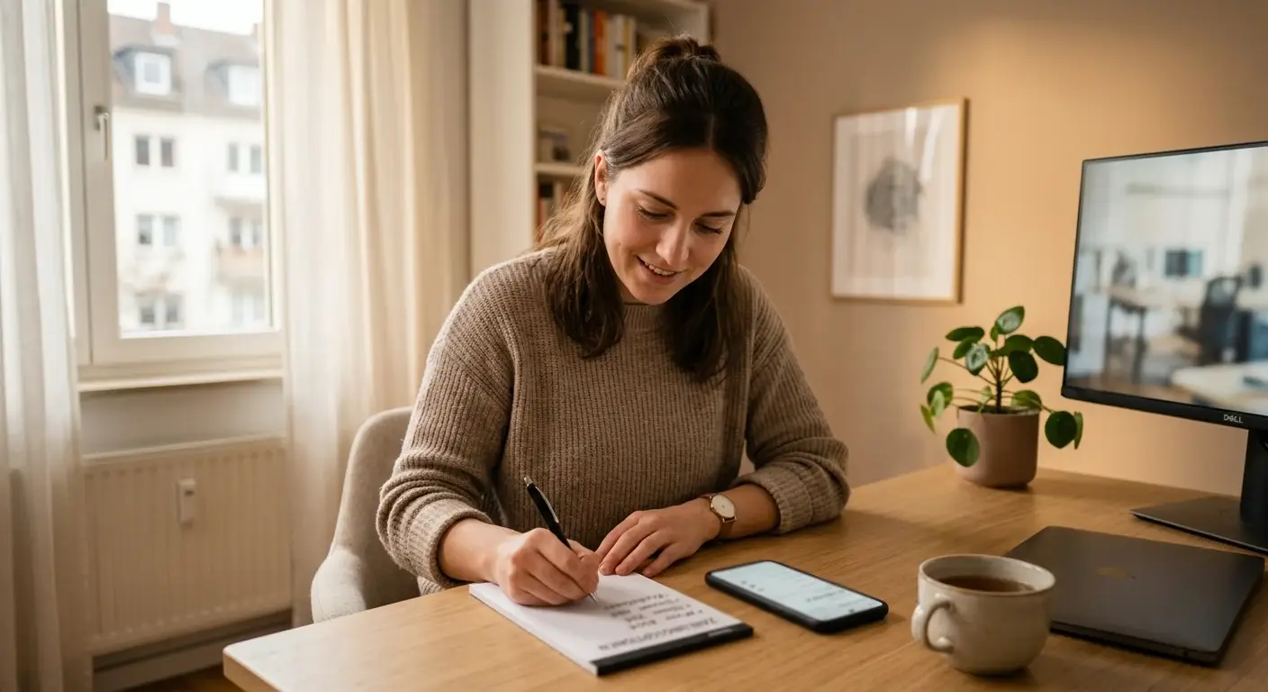 Person am Schreibtisch prüft mit Stift und Notizblock Zahlungsoptionen neben einem Smartphone