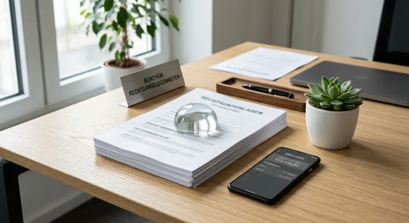 Glas-Würfel und ein Stapel Dokumente auf einem Schreibtisch