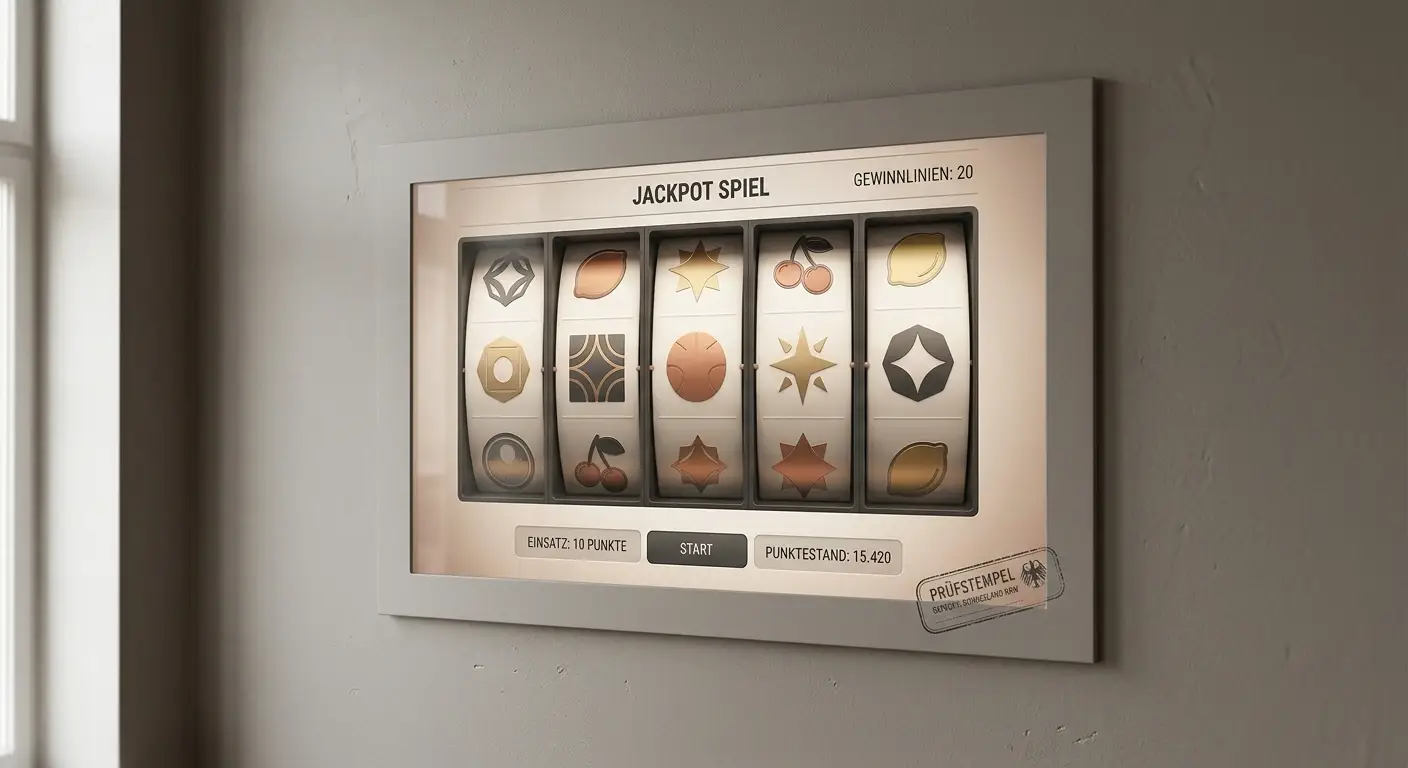 Spielautomat-Display mit Slots auf einer Seite und Hinweis auf deutscher Lizenz