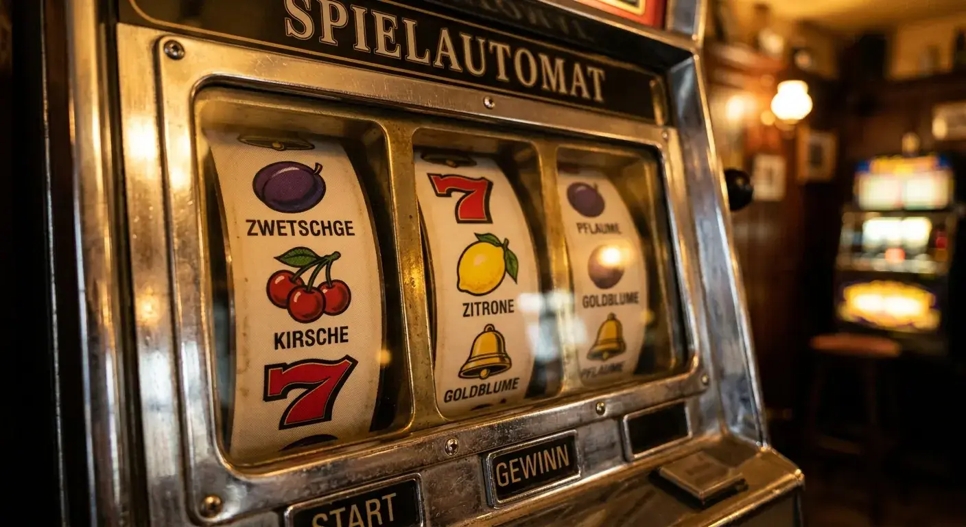 Nahaufnahme klassischer Spielautomaten-Walzen mit Fruchtsymbolen