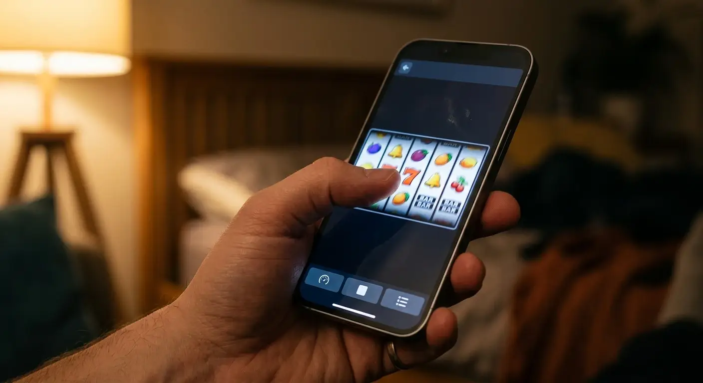 Hand am Smartphone mit Merkur-Slot bei gedämpftem Licht