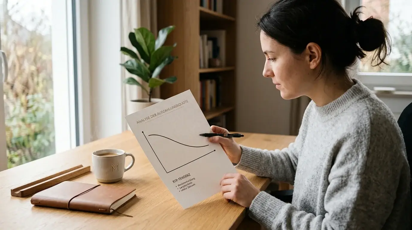 Person prüft eine Auszahlungsquote auf einem schlichten Diagramm ohne Zahlenraster
