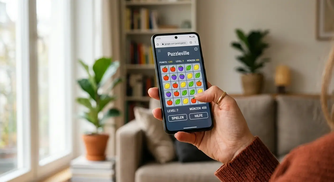 Hand hält ein Smartphone mit neutraler Spieloberfläche im Browser ohne erkennbare Marke