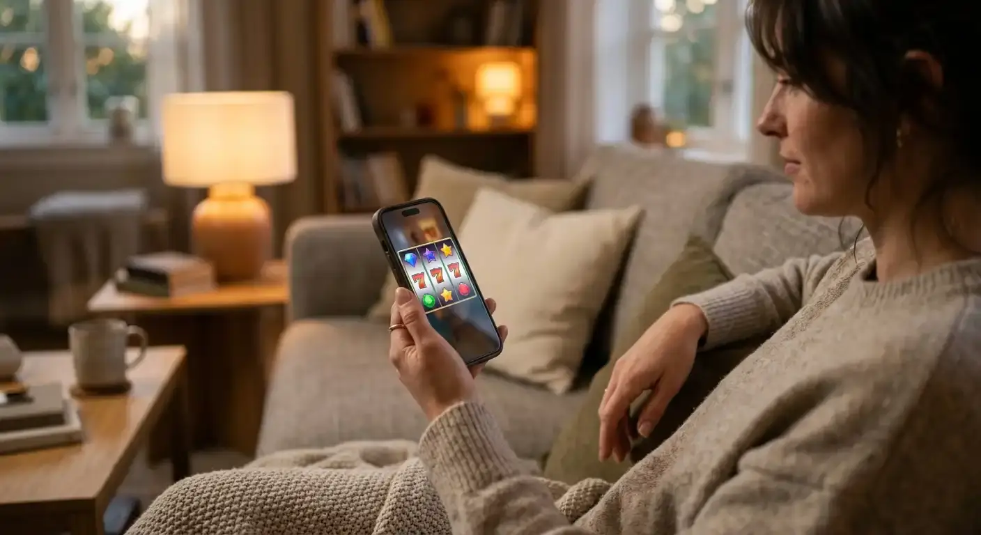 Smartphone mit Merkur-Slot im Demo-Modus in entspannter Umgebung