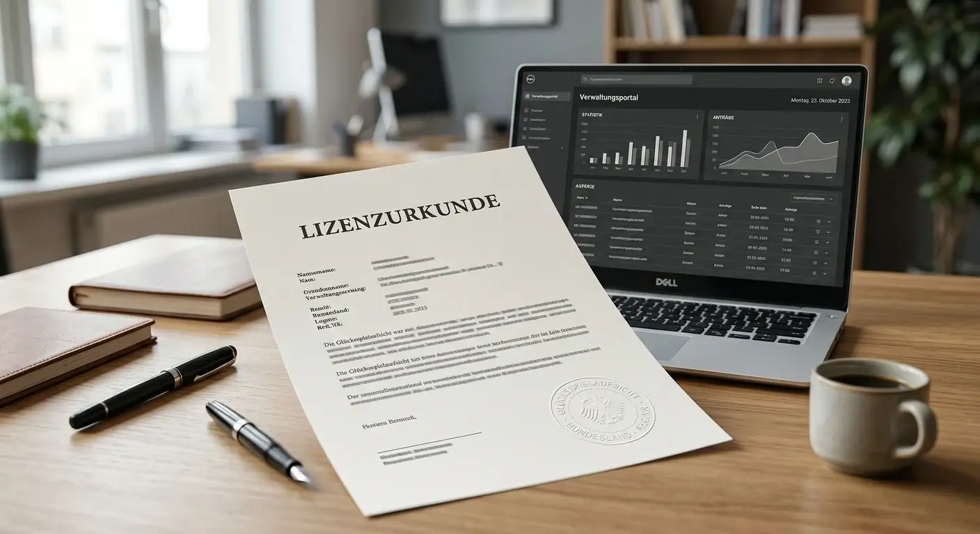 Neutrale Lizenzurkunde und Laptop auf einem aufgeräumten Schreibtisch
