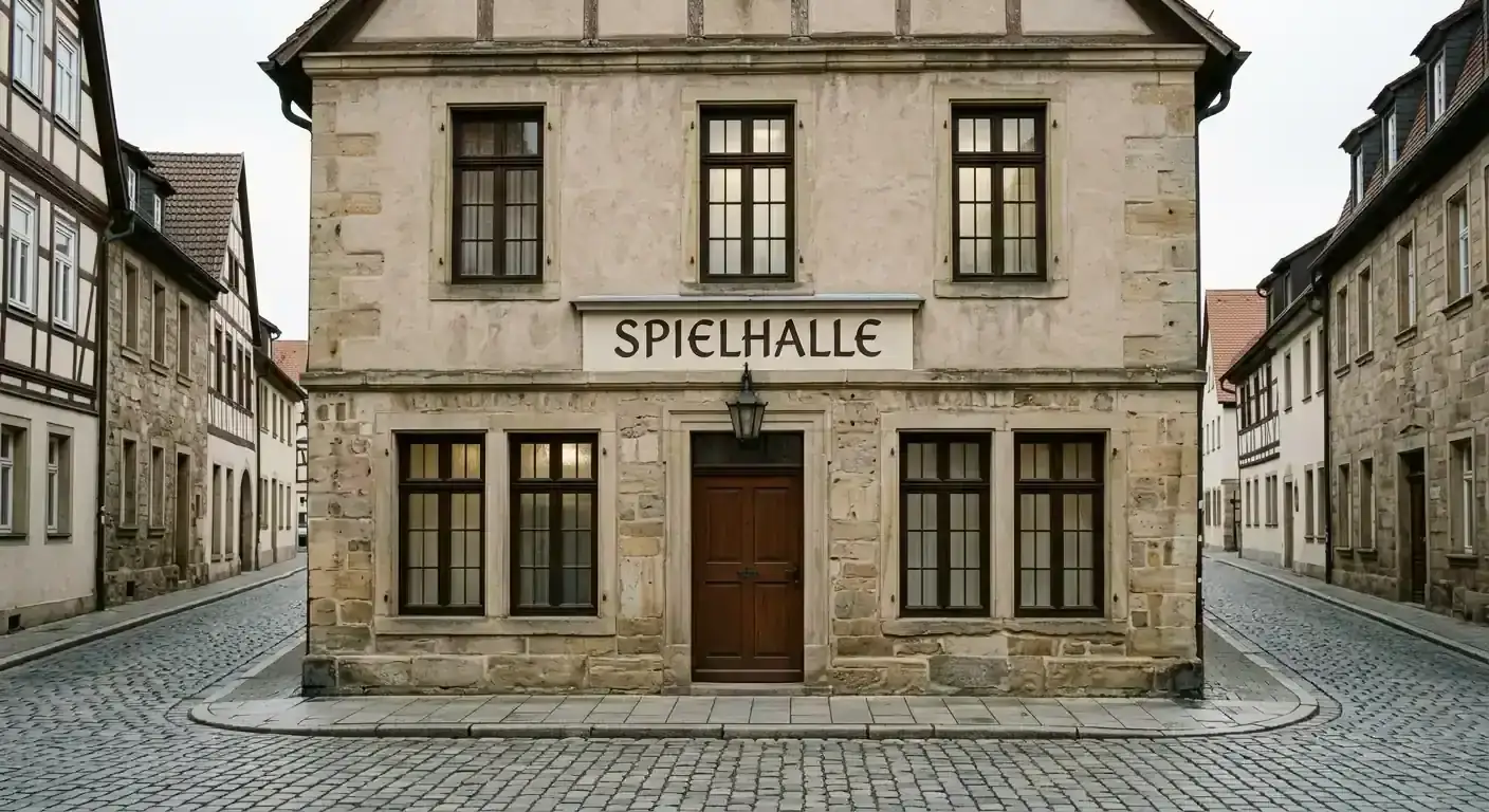 Traditionelle deutsche Spielhalle mit klassischer Fassade in einer Kleinstadt bei Tageslicht